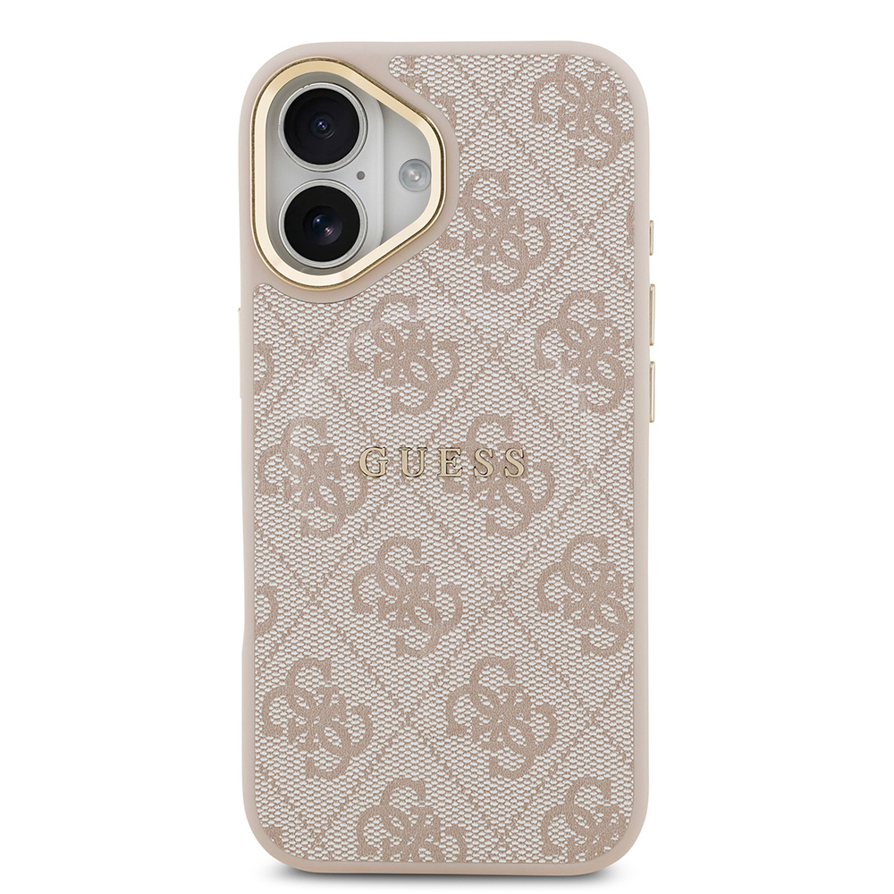 Apple iPhone 17 Uyumlu Kılıf Guess Orjinal Lisanslı M-safe Şarj Özellikli Gold Metal Kamera Çerçeveli PU Deri 4G Desenli Yazı Logolu Kapak - 23