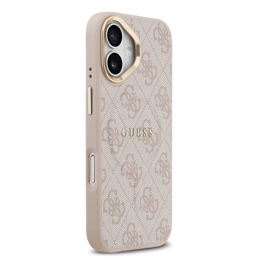 Apple iPhone 17 Uyumlu Kılıf Guess Orjinal Lisanslı M-safe Şarj Özellikli Gold Metal Kamera Çerçeveli PU Deri 4G Desenli Yazı Logolu Kapak - 24