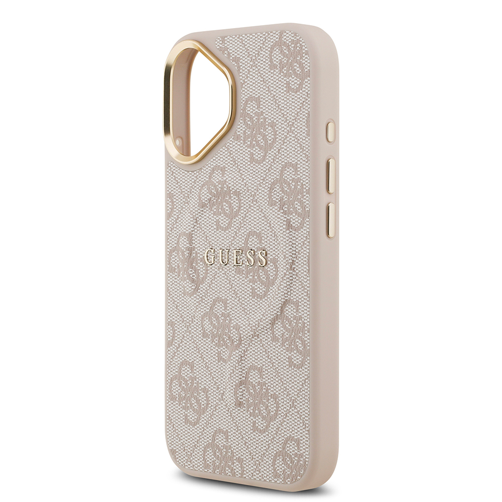 Apple iPhone 17 Uyumlu Kılıf Guess Orjinal Lisanslı M-safe Şarj Özellikli Gold Metal Kamera Çerçeveli PU Deri 4G Desenli Yazı Logolu Kapak - 26