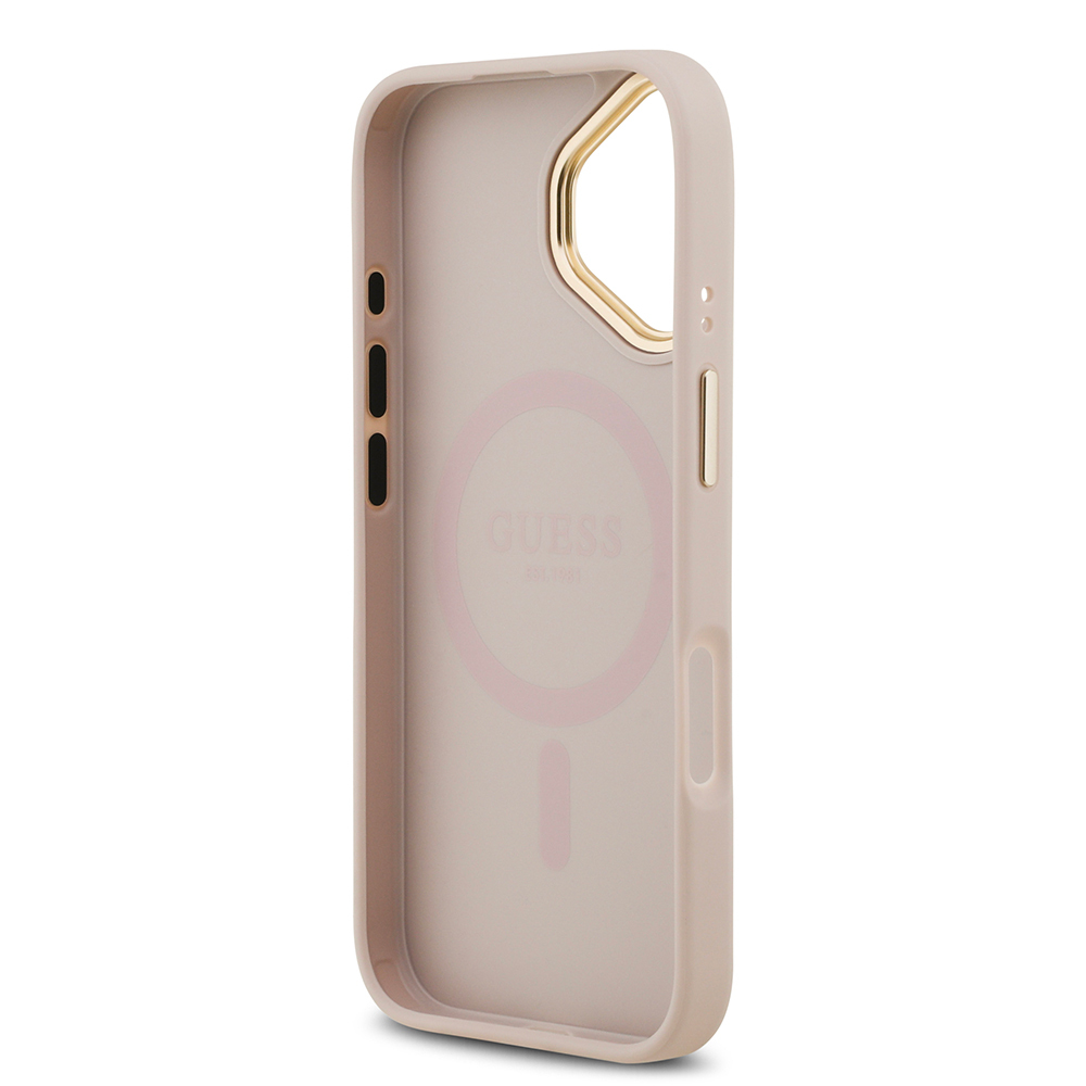Apple iPhone 17 Uyumlu Kılıf Guess Orjinal Lisanslı M-safe Şarj Özellikli Gold Metal Kamera Çerçeveli PU Deri 4G Desenli Yazı Logolu Kapak - 27