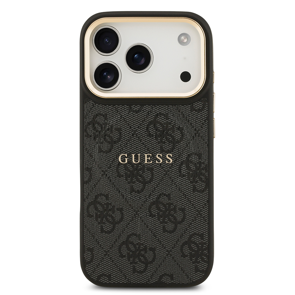 Apple iPhone 17 Pro Uyumlu Kılıf Guess Orjinal Lisanslı M-safe Şarj Özellikli Gold Metal Kamera Çerçeveli PU Deri 4G Desenli Yazı Logolu Kapak - 1