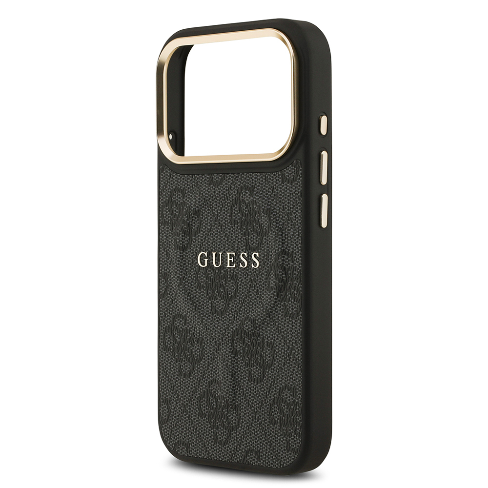 Apple iPhone 17 Pro Uyumlu Kılıf Guess Orjinal Lisanslı M-safe Şarj Özellikli Gold Metal Kamera Çerçeveli PU Deri 4G Desenli Yazı Logolu Kapak - 4