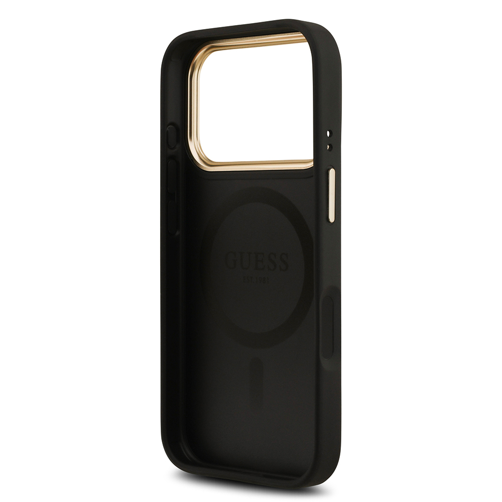 Apple iPhone 17 Pro Uyumlu Kılıf Guess Orjinal Lisanslı M-safe Şarj Özellikli Gold Metal Kamera Çerçeveli PU Deri 4G Desenli Yazı Logolu Kapak - 5