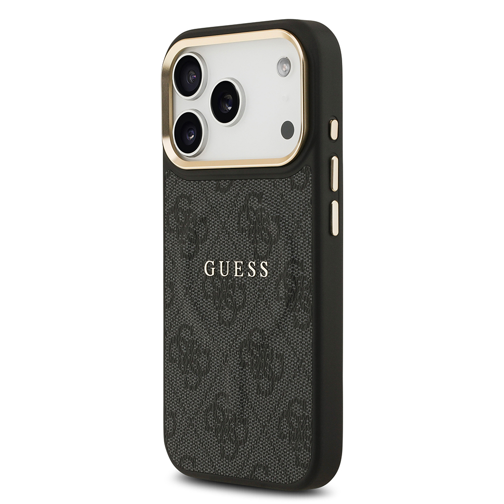 Apple iPhone 17 Pro Uyumlu Kılıf Guess Orjinal Lisanslı M-safe Şarj Özellikli Gold Metal Kamera Çerçeveli PU Deri 4G Desenli Yazı Logolu Kapak - 6