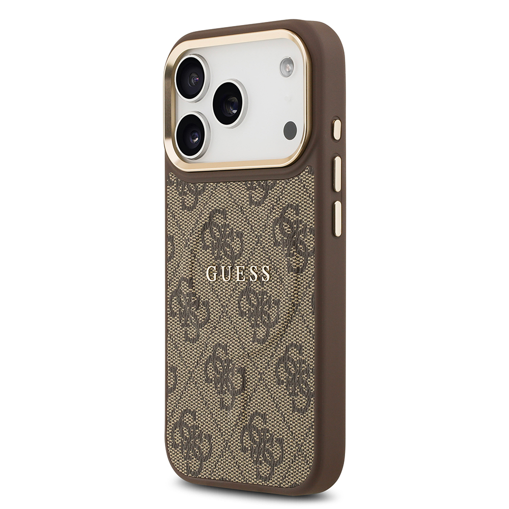 Apple iPhone 17 Pro Uyumlu Kılıf Guess Orjinal Lisanslı M-safe Şarj Özellikli Gold Metal Kamera Çerçeveli PU Deri 4G Desenli Yazı Logolu Kapak - 7