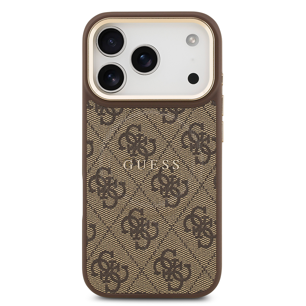 Apple iPhone 17 Pro Uyumlu Kılıf Guess Orjinal Lisanslı M-safe Şarj Özellikli Gold Metal Kamera Çerçeveli PU Deri 4G Desenli Yazı Logolu Kapak - 8