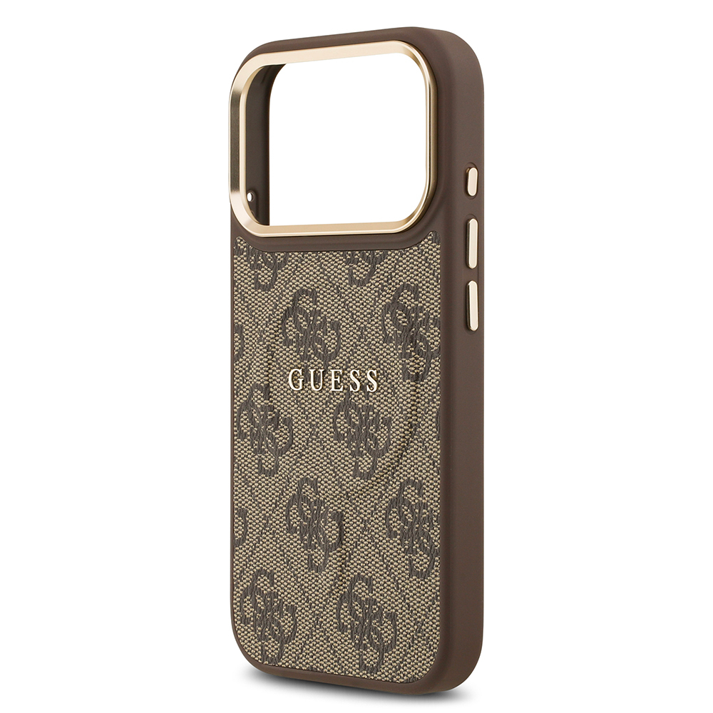 Apple iPhone 17 Pro Uyumlu Kılıf Guess Orjinal Lisanslı M-safe Şarj Özellikli Gold Metal Kamera Çerçeveli PU Deri 4G Desenli Yazı Logolu Kapak - 11