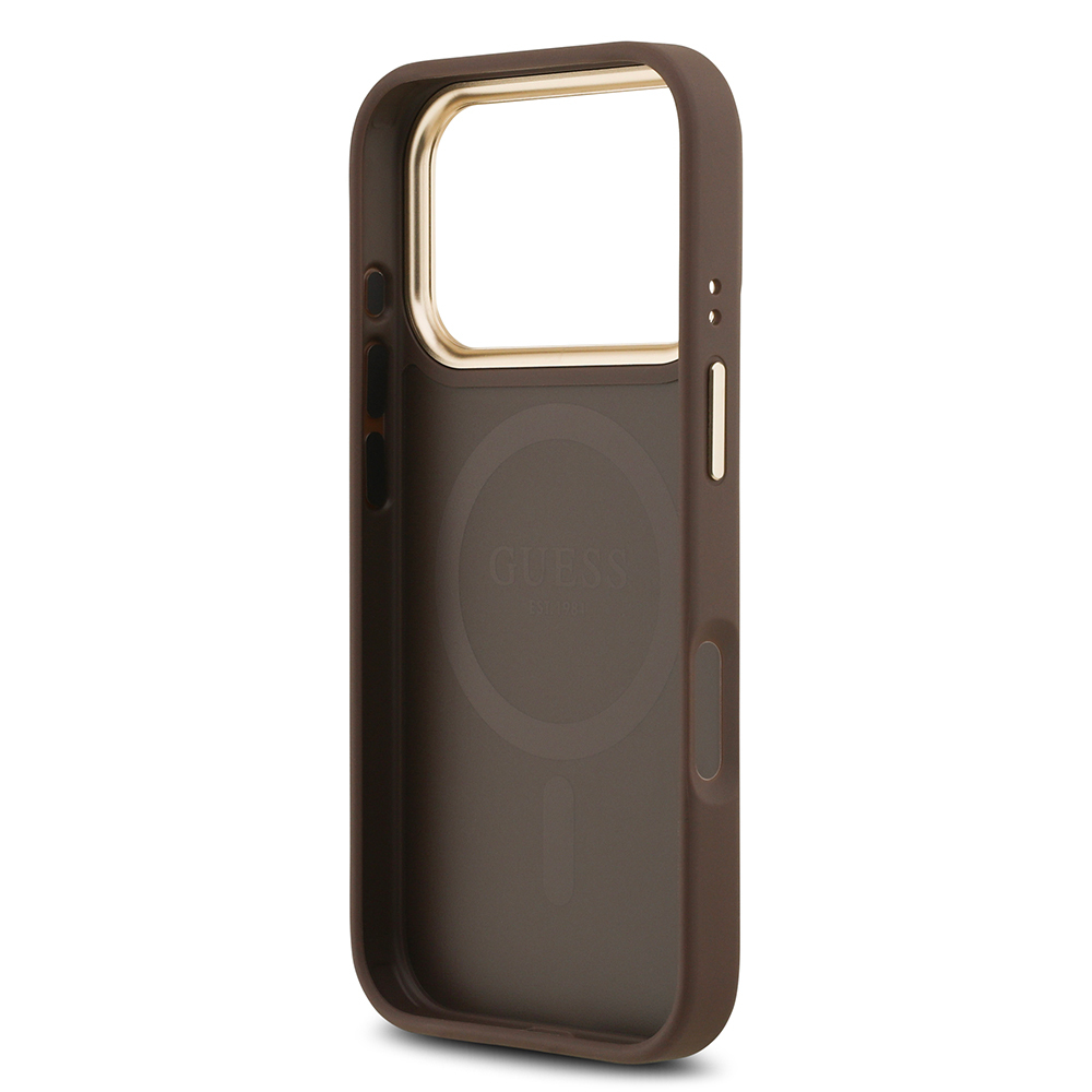 Apple iPhone 17 Pro Uyumlu Kılıf Guess Orjinal Lisanslı M-safe Şarj Özellikli Gold Metal Kamera Çerçeveli PU Deri 4G Desenli Yazı Logolu Kapak - 12