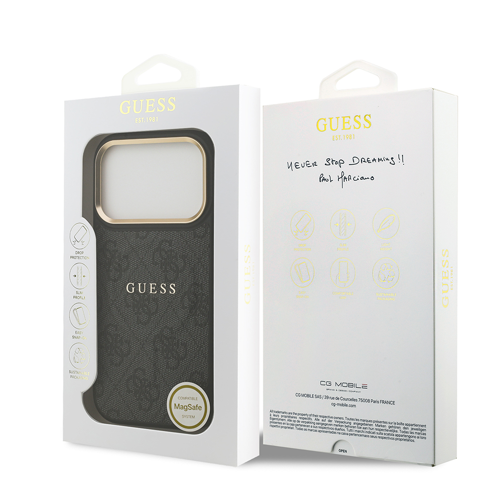 Apple iPhone 17 Pro Uyumlu Kılıf Guess Orjinal Lisanslı M-safe Şarj Özellikli Gold Metal Kamera Çerçeveli PU Deri 4G Desenli Yazı Logolu Kapak - 13