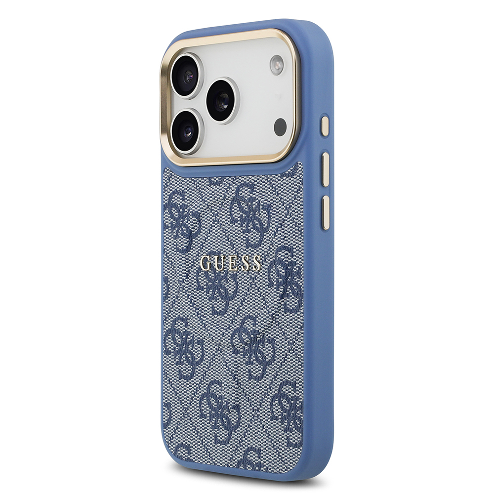 Apple iPhone 17 Pro Uyumlu Kılıf Guess Orjinal Lisanslı M-safe Şarj Özellikli Gold Metal Kamera Çerçeveli PU Deri 4G Desenli Yazı Logolu Kapak - 15