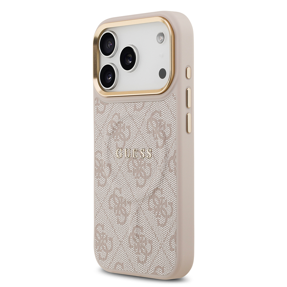 Apple iPhone 17 Pro Uyumlu Kılıf Guess Orjinal Lisanslı M-safe Şarj Özellikli Gold Metal Kamera Çerçeveli PU Deri 4G Desenli Yazı Logolu Kapak - 22