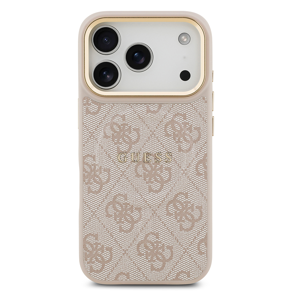 Apple iPhone 17 Pro Uyumlu Kılıf Guess Orjinal Lisanslı M-safe Şarj Özellikli Gold Metal Kamera Çerçeveli PU Deri 4G Desenli Yazı Logolu Kapak - 23