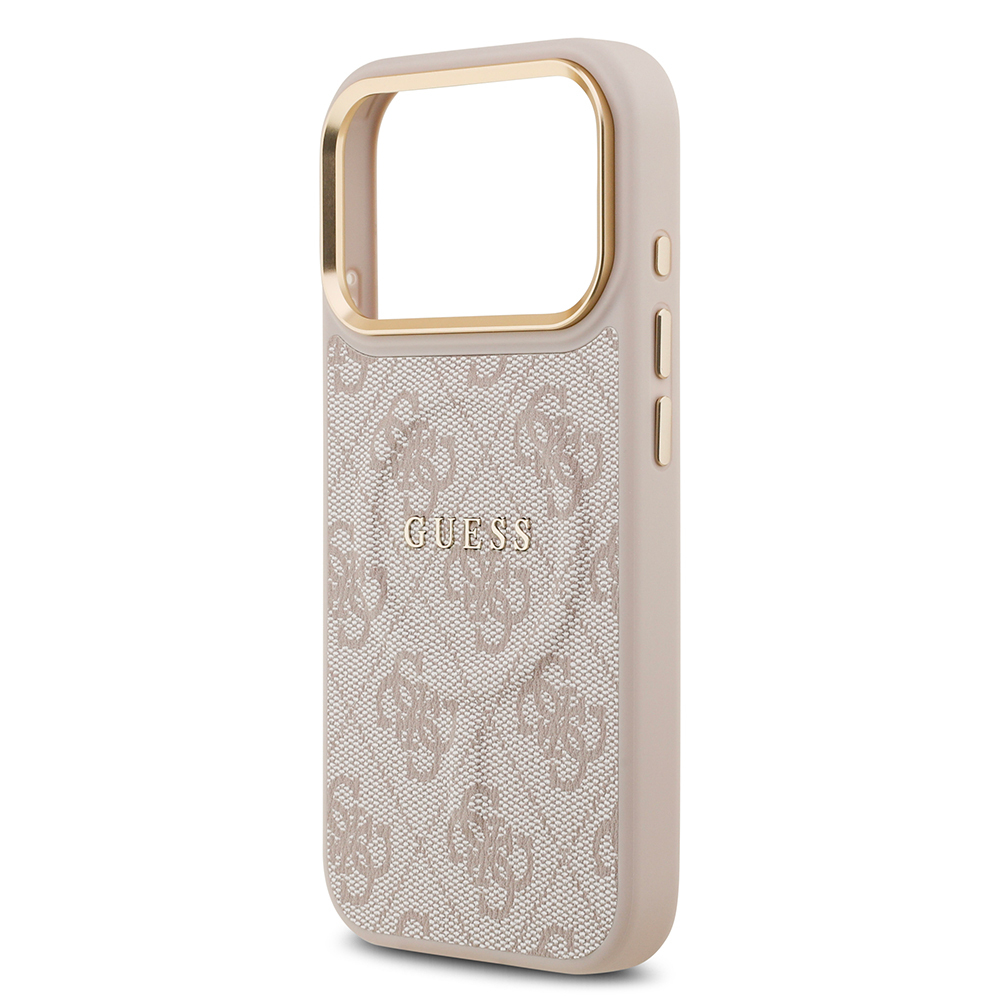Apple iPhone 17 Pro Uyumlu Kılıf Guess Orjinal Lisanslı M-safe Şarj Özellikli Gold Metal Kamera Çerçeveli PU Deri 4G Desenli Yazı Logolu Kapak - 26