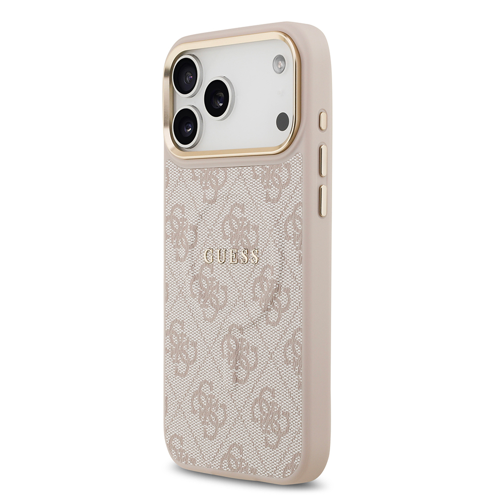 Apple iPhone 17 Pro Max Uyumlu Kılıf Guess Orjinal Lisanslı M-safe Şarj Özellikli Gold Metal Kamera Çerçeveli PU Deri 4G Desenli Yazı Logolu Kapak - 4
