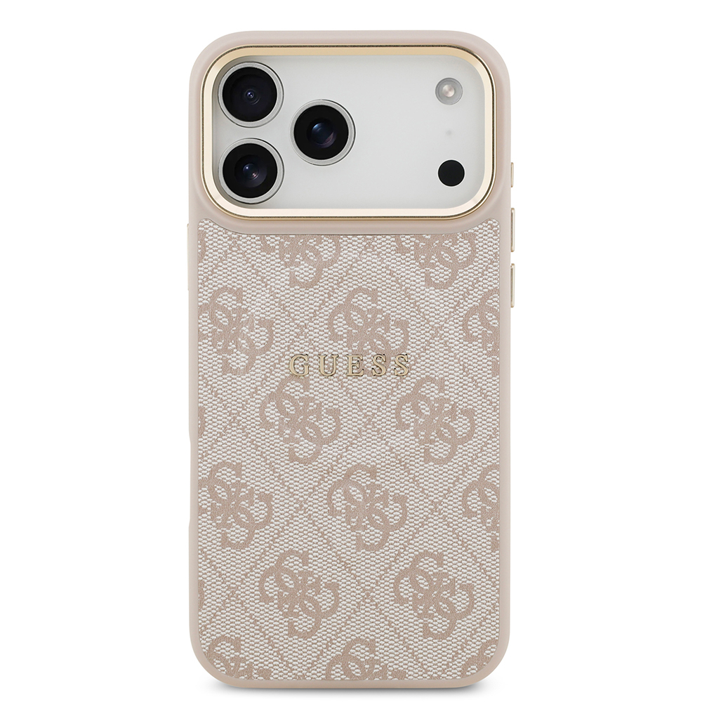 Apple iPhone 17 Pro Max Uyumlu Kılıf Guess Orjinal Lisanslı M-safe Şarj Özellikli Gold Metal Kamera Çerçeveli PU Deri 4G Desenli Yazı Logolu Kapak - 5