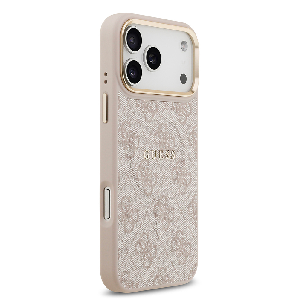 Apple iPhone 17 Pro Max Uyumlu Kılıf Guess Orjinal Lisanslı M-safe Şarj Özellikli Gold Metal Kamera Çerçeveli PU Deri 4G Desenli Yazı Logolu Kapak - 6