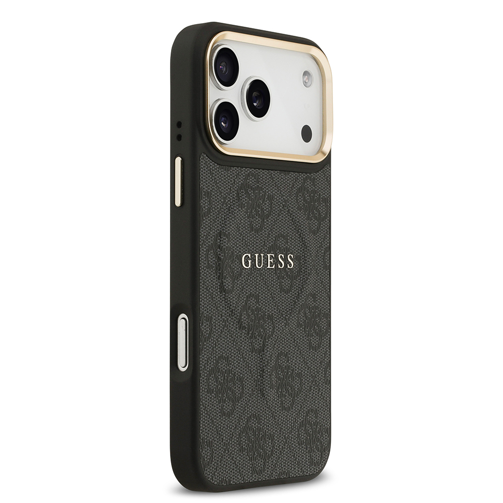 Apple iPhone 17 Pro Max Uyumlu Kılıf Guess Orjinal Lisanslı M-safe Şarj Özellikli Gold Metal Kamera Çerçeveli PU Deri 4G Desenli Yazı Logolu Kapak - 7