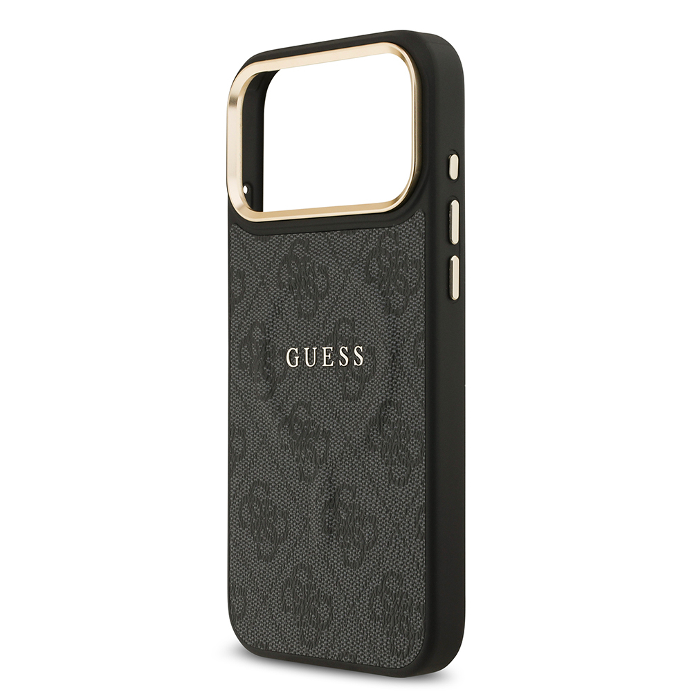 Apple iPhone 17 Pro Max Uyumlu Kılıf Guess Orjinal Lisanslı M-safe Şarj Özellikli Gold Metal Kamera Çerçeveli PU Deri 4G Desenli Yazı Logolu Kapak - 9