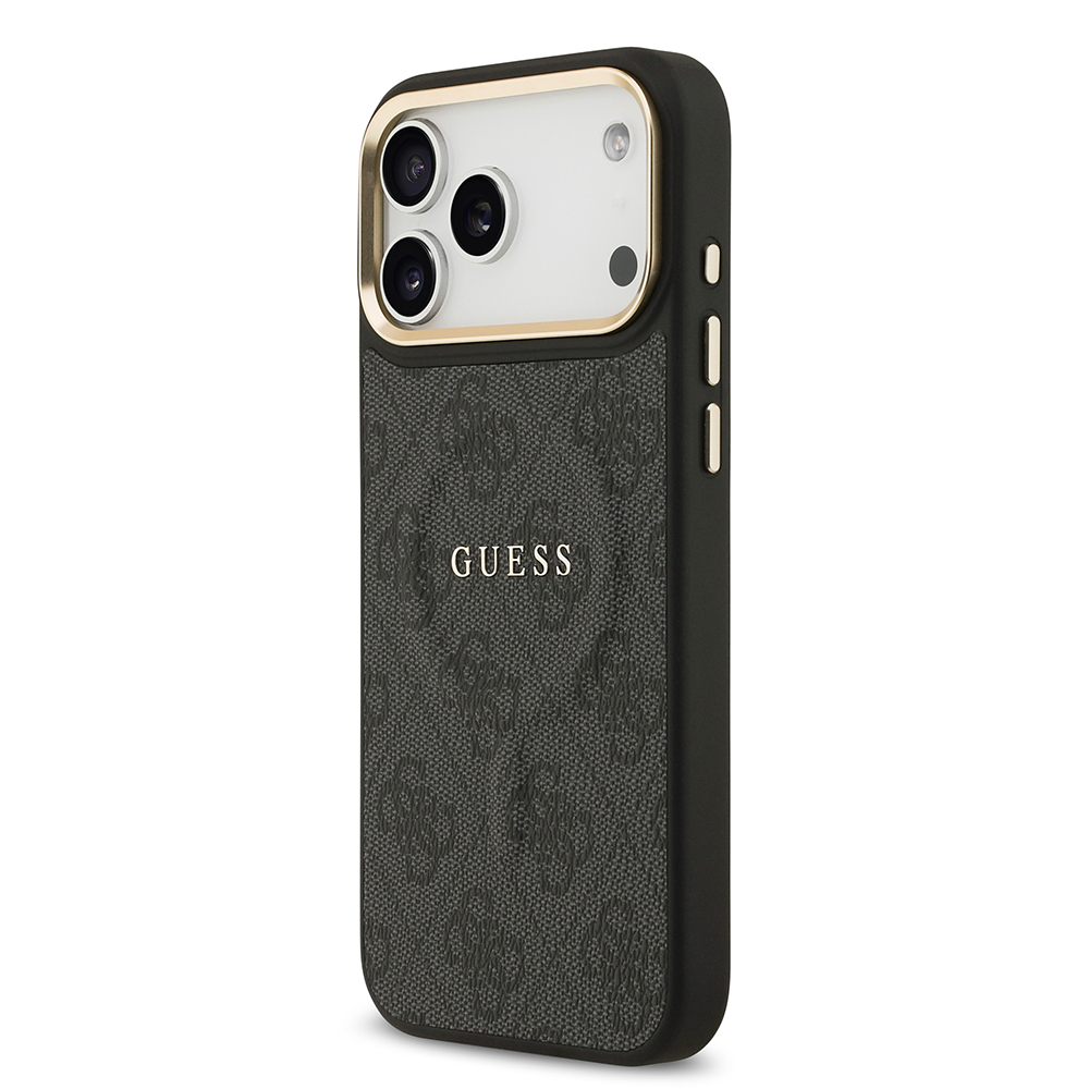 Apple iPhone 17 Pro Max Uyumlu Kılıf Guess Orjinal Lisanslı M-safe Şarj Özellikli Gold Metal Kamera Çerçeveli PU Deri 4G Desenli Yazı Logolu Kapak - 11
