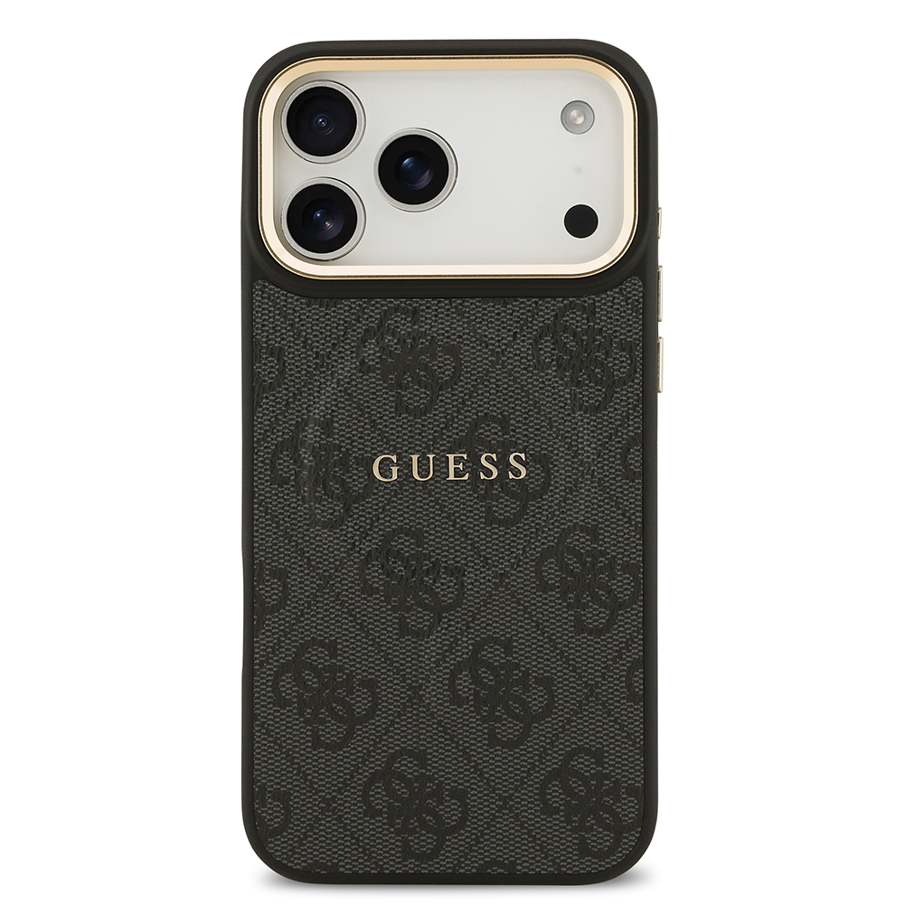 Apple iPhone 17 Pro Max Uyumlu Kılıf Guess Orjinal Lisanslı M-safe Şarj Özellikli Gold Metal Kamera Çerçeveli PU Deri 4G Desenli Yazı Logolu Kapak - 12
