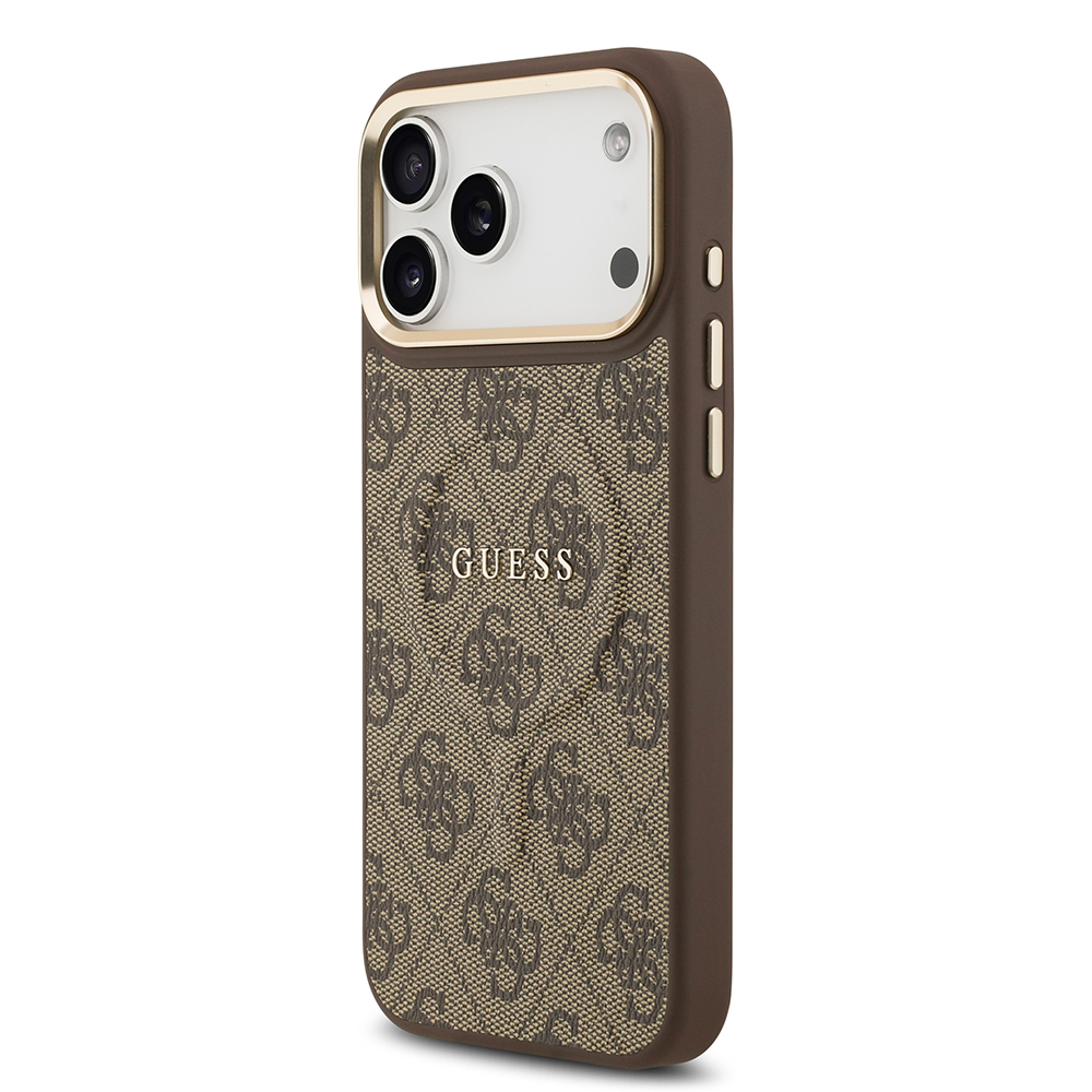 Apple iPhone 17 Pro Max Uyumlu Kılıf Guess Orjinal Lisanslı M-safe Şarj Özellikli Gold Metal Kamera Çerçeveli PU Deri 4G Desenli Yazı Logolu Kapak - 13