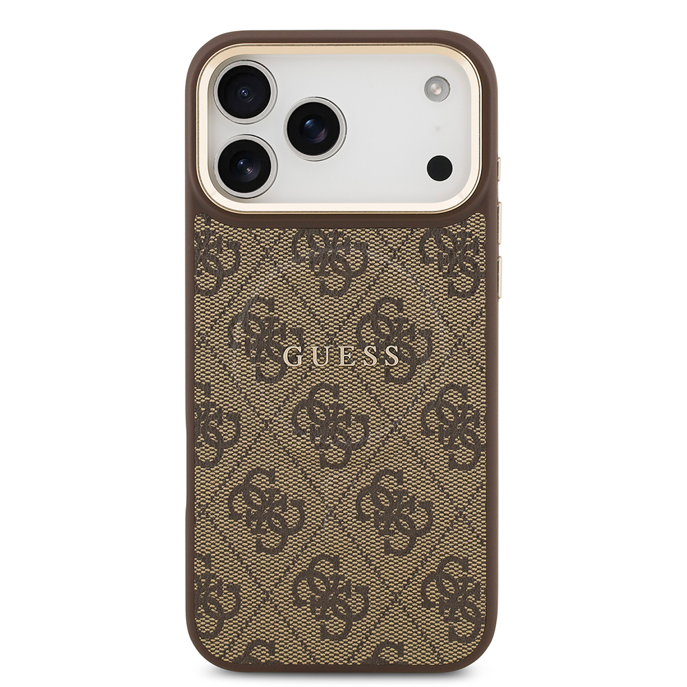 Apple iPhone 17 Pro Max Uyumlu Kılıf Guess Orjinal Lisanslı M-safe Şarj Özellikli Gold Metal Kamera Çerçeveli PU Deri 4G Desenli Yazı Logolu Kapak - 14