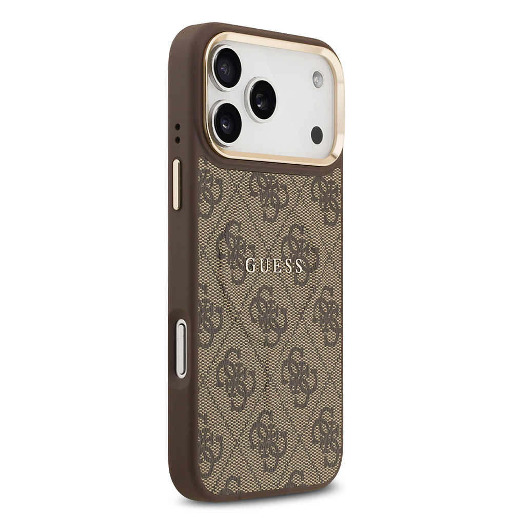 Apple iPhone 17 Pro Max Uyumlu Kılıf Guess Orjinal Lisanslı M-safe Şarj Özellikli Gold Metal Kamera Çerçeveli PU Deri 4G Desenli Yazı Logolu Kapak - 15