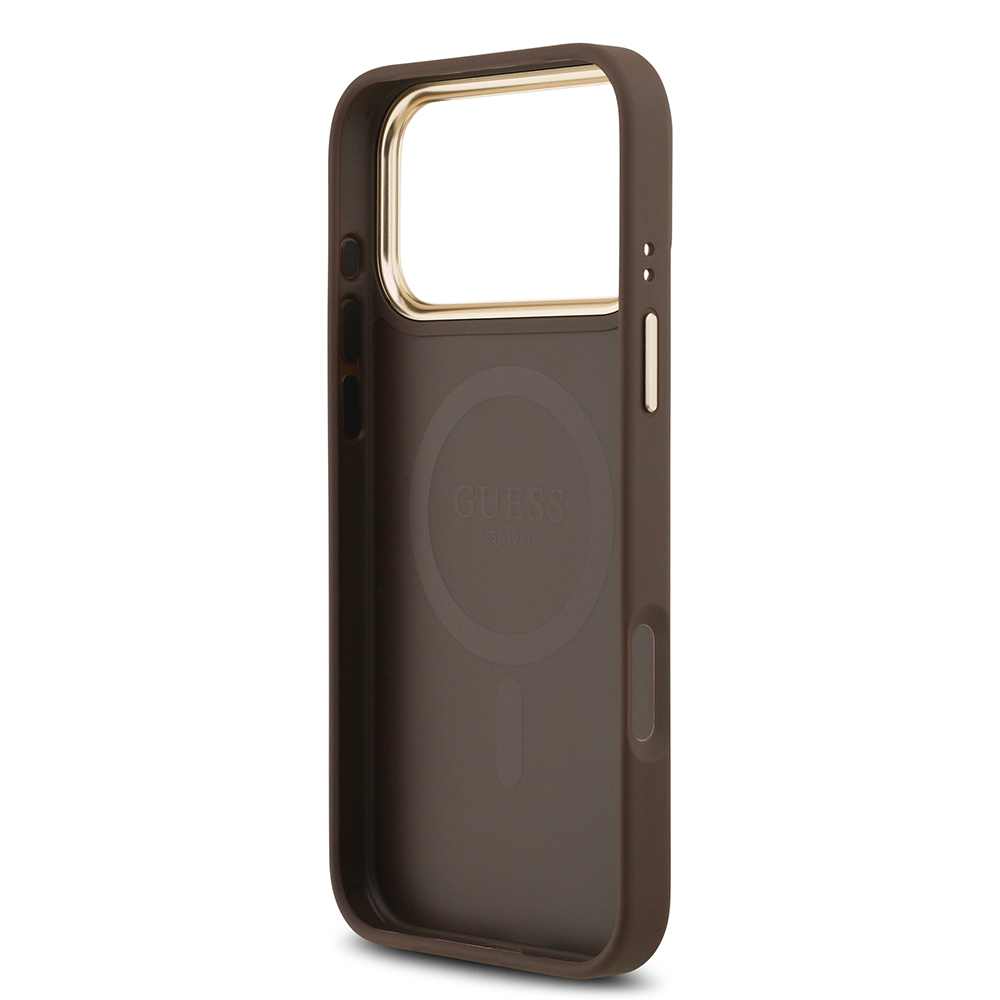 Apple iPhone 17 Pro Max Uyumlu Kılıf Guess Orjinal Lisanslı M-safe Şarj Özellikli Gold Metal Kamera Çerçeveli PU Deri 4G Desenli Yazı Logolu Kapak - 18