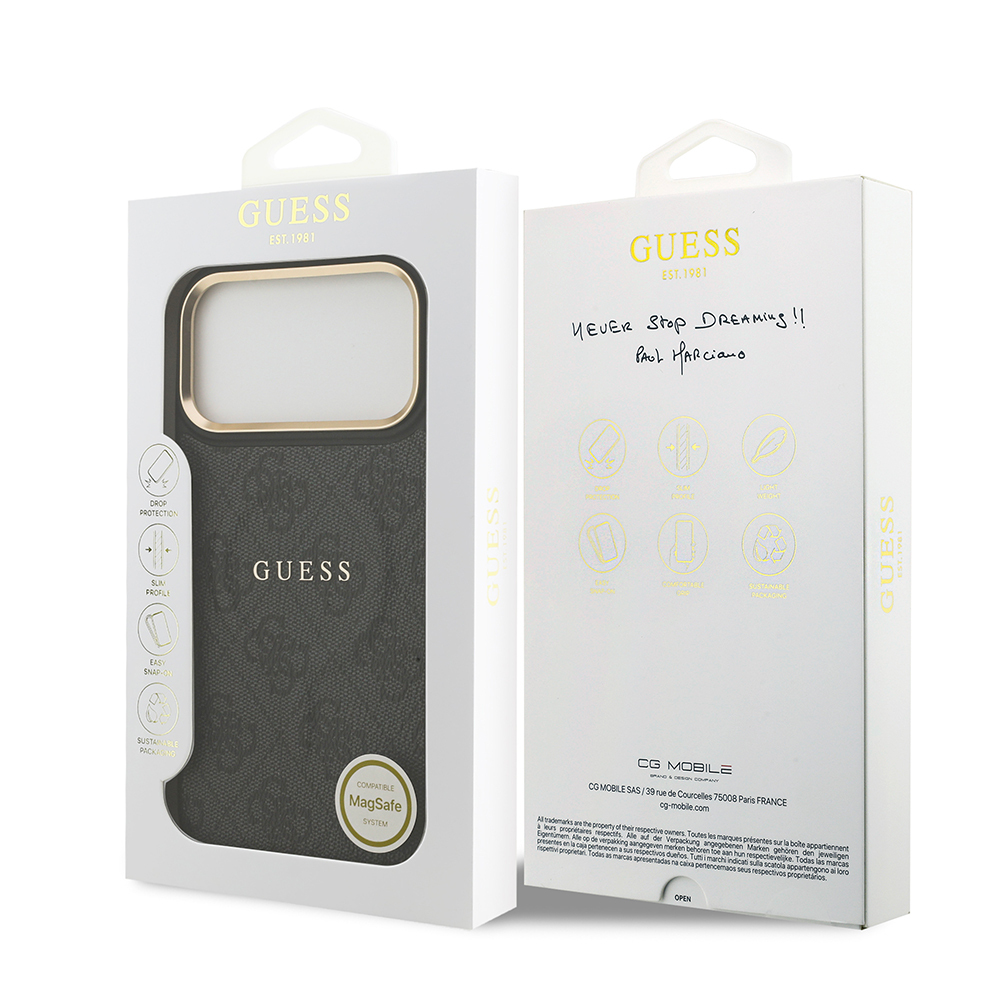 Apple iPhone 17 Pro Max Uyumlu Kılıf Guess Orjinal Lisanslı M-safe Şarj Özellikli Gold Metal Kamera Çerçeveli PU Deri 4G Desenli Yazı Logolu Kapak - 20
