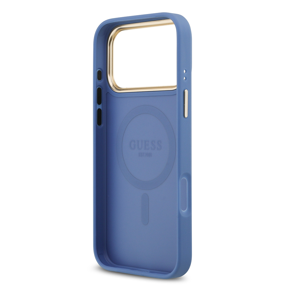 Apple iPhone 17 Pro Max Uyumlu Kılıf Guess Orjinal Lisanslı M-safe Şarj Özellikli Gold Metal Kamera Çerçeveli PU Deri 4G Desenli Yazı Logolu Kapak - 27