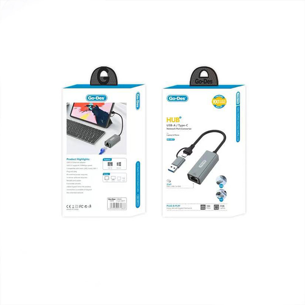 Go Des GD-6871 RJ45 Type-C ve USB-A Ethernet Dönüştürücü Kablo 100Mbps - 2