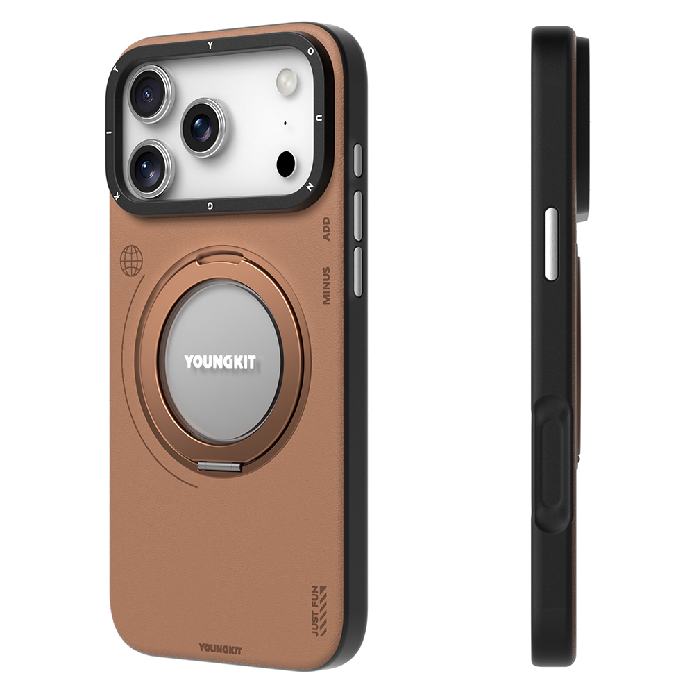 Apple iPhone 17 Pro Uyumlu Kılıf M-safe Şarj Özellikli 360 Derece Standlı Basit Mat Deri Desenli Youngkit Tech Leather Serisi Kapak - 5