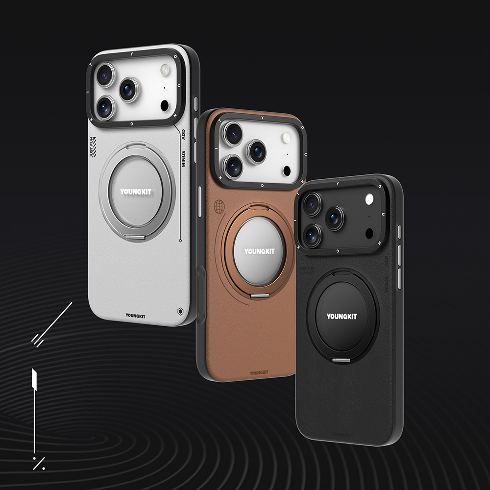 Apple iPhone 17 Pro Uyumlu Kılıf M-safe Şarj Özellikli 360 Derece Standlı Basit Mat Deri Desenli Youngkit Tech Leather Serisi Kapak - 10