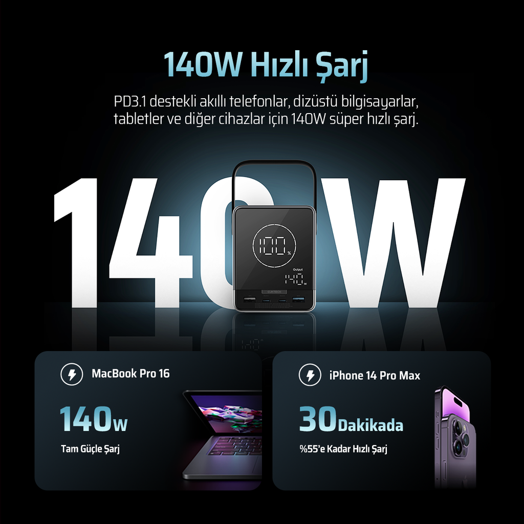 CUKTECH 30 Powerbank 40000 mAh | 300 W PD3.1 Süper Hızlı Şarj | 3 Port (2C1A) TFT Ekranlı Taşınabilir Şarj Cihazı – Laptop, MacBook, iPhone, Samsung, Xiaomi ile Uyumlu