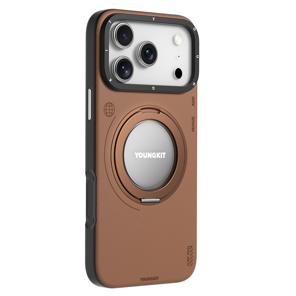 Apple iPhone 17 Pro Max Uyumlu Kılıf M-safe Şarj Özellikli 360 Derece Standlı Basit Mat Deri Desenli Youngkit Tech Leather Serisi Kapak - 1