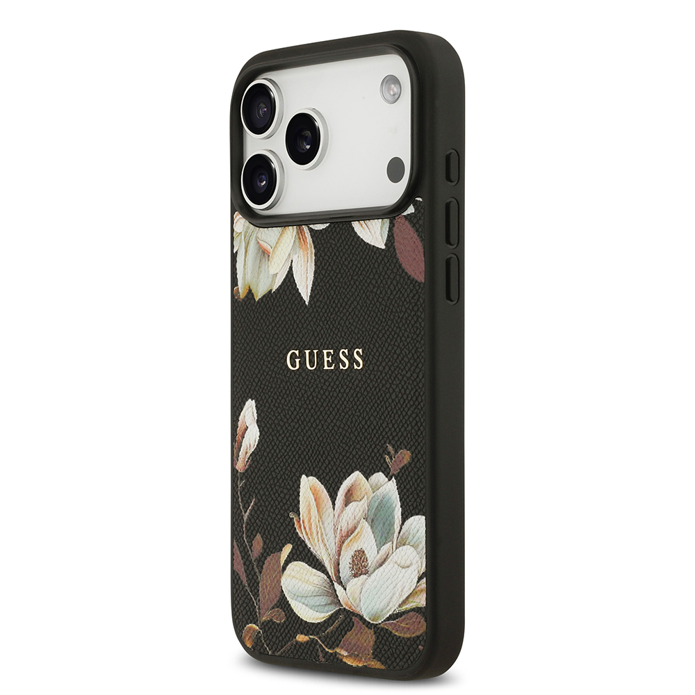 Apple iPhone 17 Pro Max Uyumlu Kılıf Guess Orjinal Lisanslı M-safe Şarj Özellikli Taneli Çiçek Tasarımlı Metal Yazı Logolu Kapak - 1