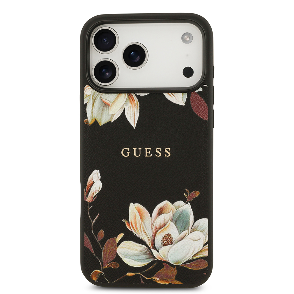 Apple iPhone 17 Pro Max Uyumlu Kılıf Guess Orjinal Lisanslı M-safe Şarj Özellikli Taneli Çiçek Tasarımlı Metal Yazı Logolu Kapak - 2
