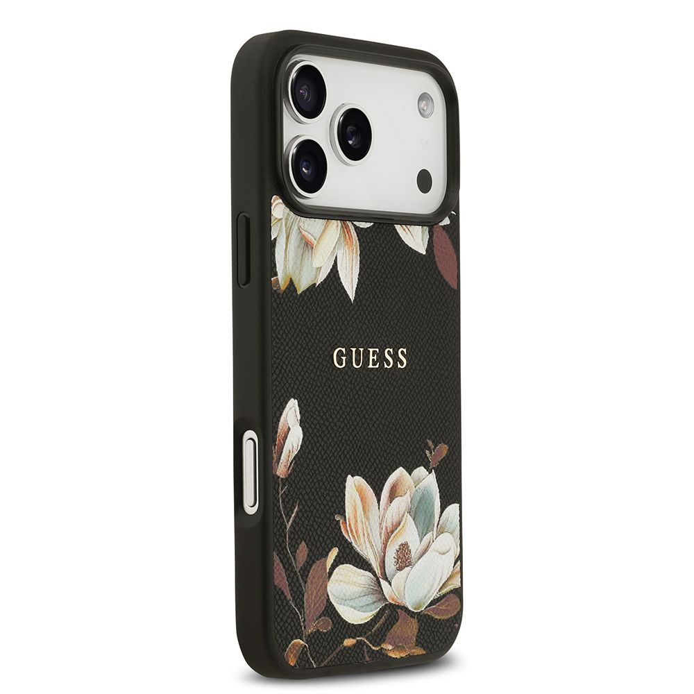 Apple iPhone 17 Pro Max Uyumlu Kılıf Guess Orjinal Lisanslı M-safe Şarj Özellikli Taneli Çiçek Tasarımlı Metal Yazı Logolu Kapak - 3