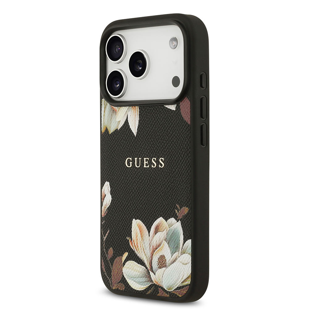 Apple iPhone 17 Pro Uyumlu Kılıf Guess Orjinal Lisanslı M-safe Şarj Özellikli Taneli Çiçek Tasarımlı Metal Yazı Logolu Kapak - 1