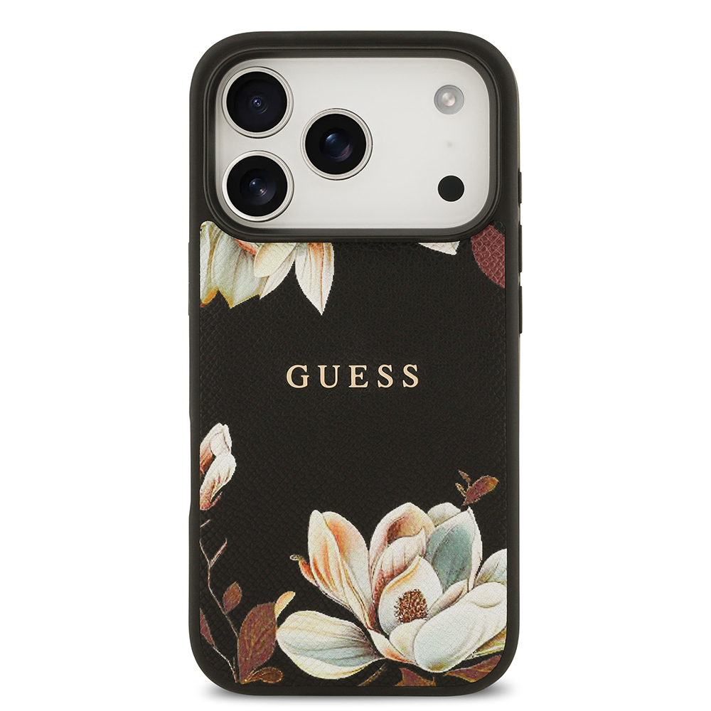 Apple iPhone 17 Pro Uyumlu Kılıf Guess Orjinal Lisanslı M-safe Şarj Özellikli Taneli Çiçek Tasarımlı Metal Yazı Logolu Kapak - 2