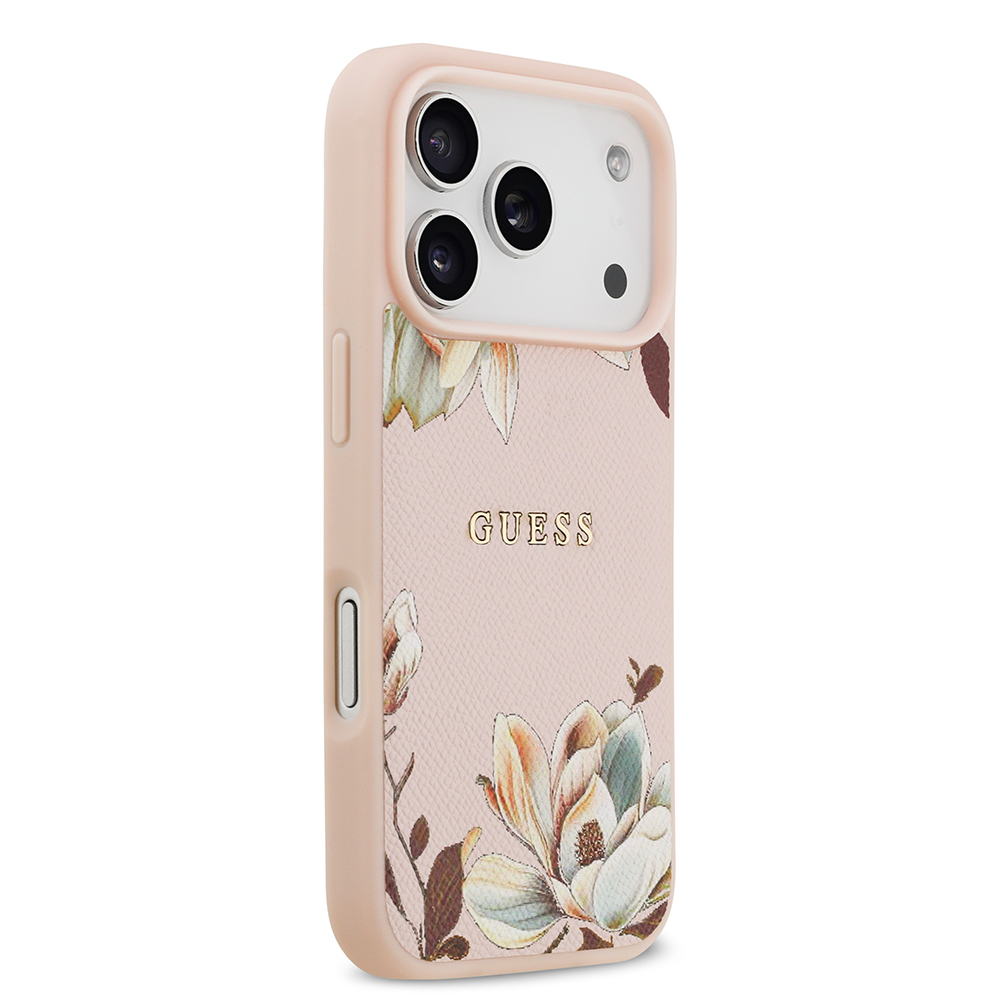 Apple iPhone 17 Pro Uyumlu Kılıf Guess Orjinal Lisanslı M-safe Şarj Özellikli Taneli Çiçek Tasarımlı Metal Yazı Logolu Kapak - 10