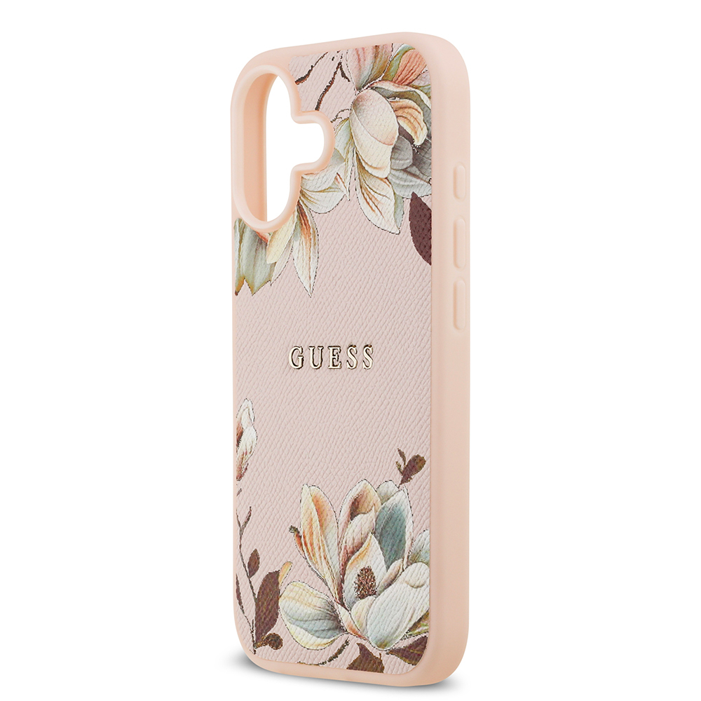 Apple iPhone 17 Uyumlu Kılıf Guess Orjinal Lisanslı M-safe Şarj Özellikli Taneli Çiçek Tasarımlı Metal Yazı Logolu Kapak - 12