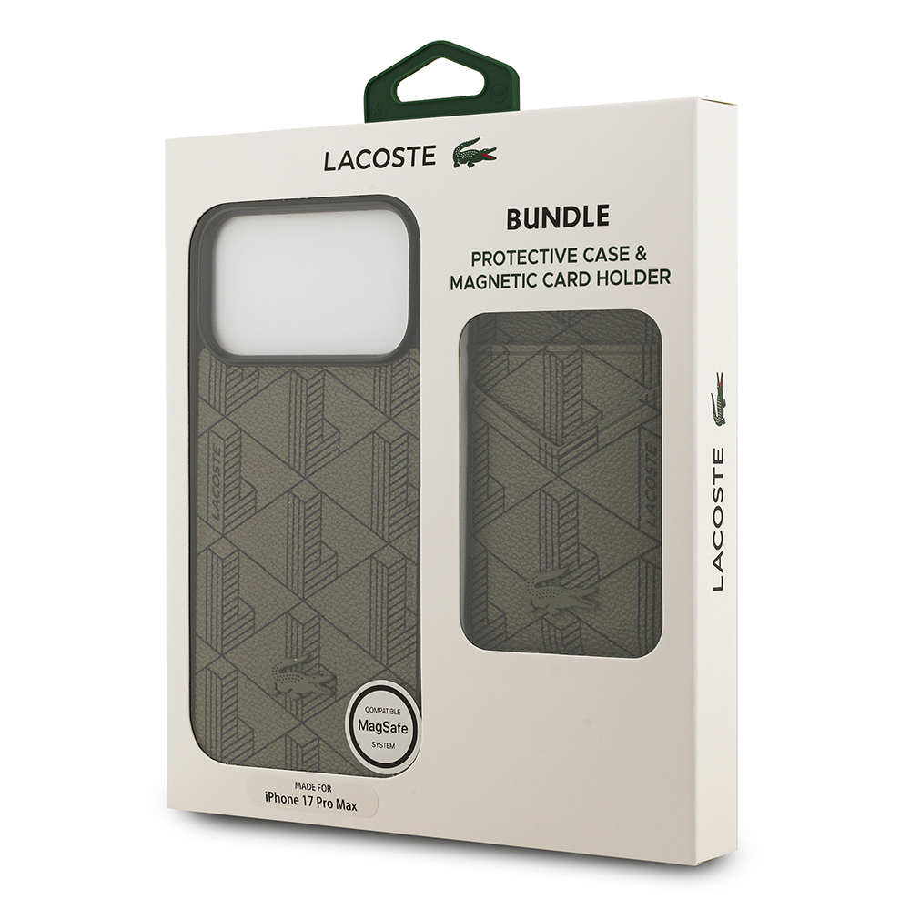 Apple iPhone 17 Pro Max Uyumlu Kılıf Lacoste Orjinal Lisanslı M-safe Şarj Özellikli PU Deri Tasarımlı Kartlıklı Karışık Monogram Desenli Kapak - 19