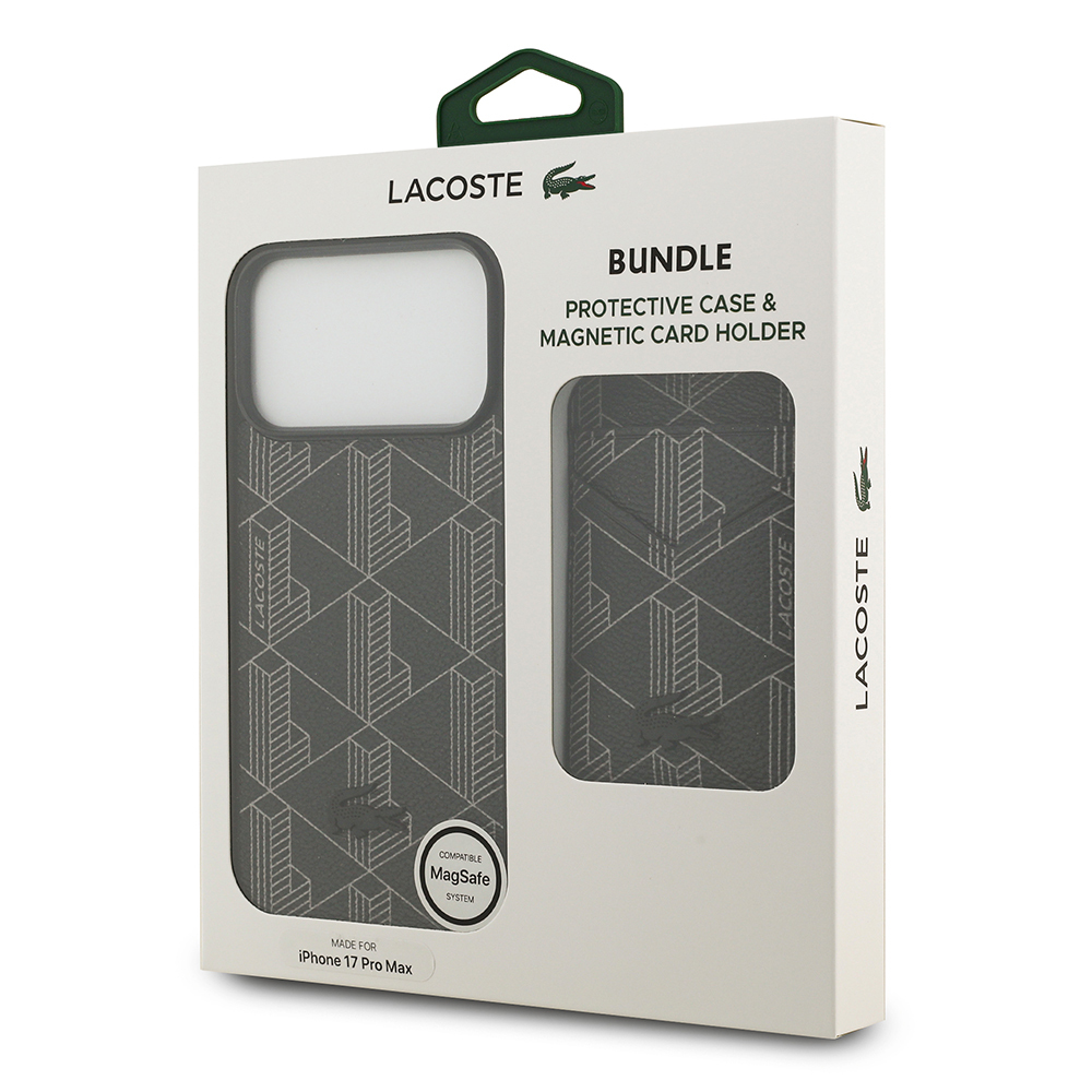 Apple iPhone 17 Pro Max Uyumlu Kılıf Lacoste Orjinal Lisanslı M-safe Şarj Özellikli PU Deri Tasarımlı Kartlıklı Karışık Monogram Desenli Kapak - 20