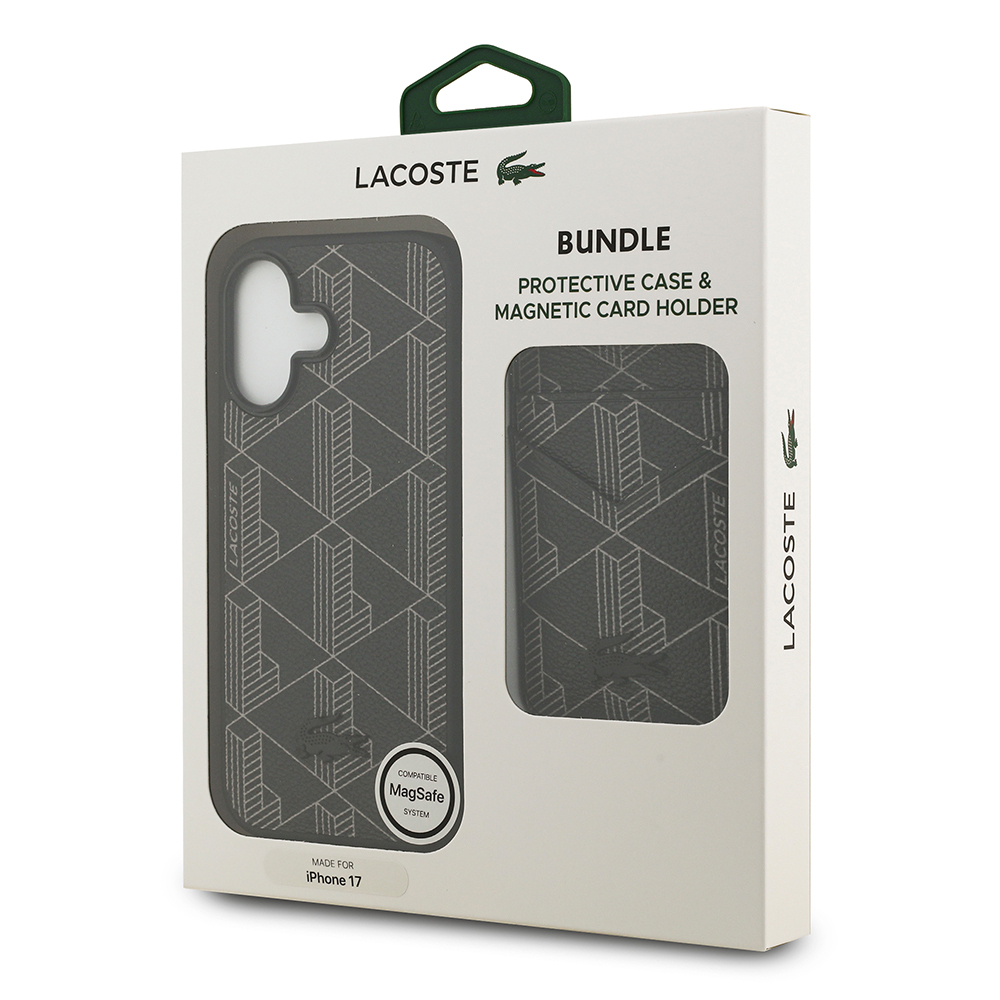 Apple iPhone 17 Uyumlu Kılıf Lacoste Orjinal Lisanslı M-safe Şarj Özellikli PU Deri Tasarımlı Kartlıklı Karışık Monogram Desenli Kapak - 10