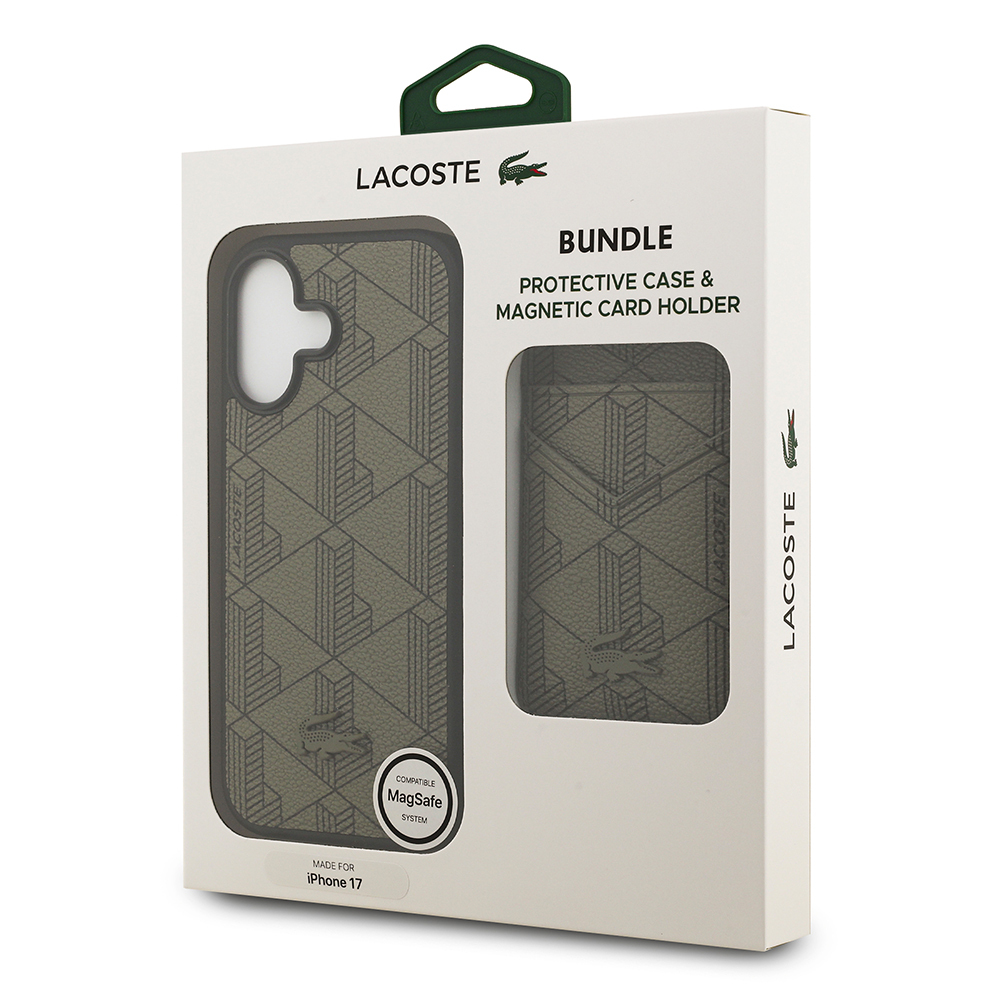 Apple iPhone 17 Uyumlu Kılıf Lacoste Orjinal Lisanslı M-safe Şarj Özellikli PU Deri Tasarımlı Kartlıklı Karışık Monogram Desenli Kapak - 11