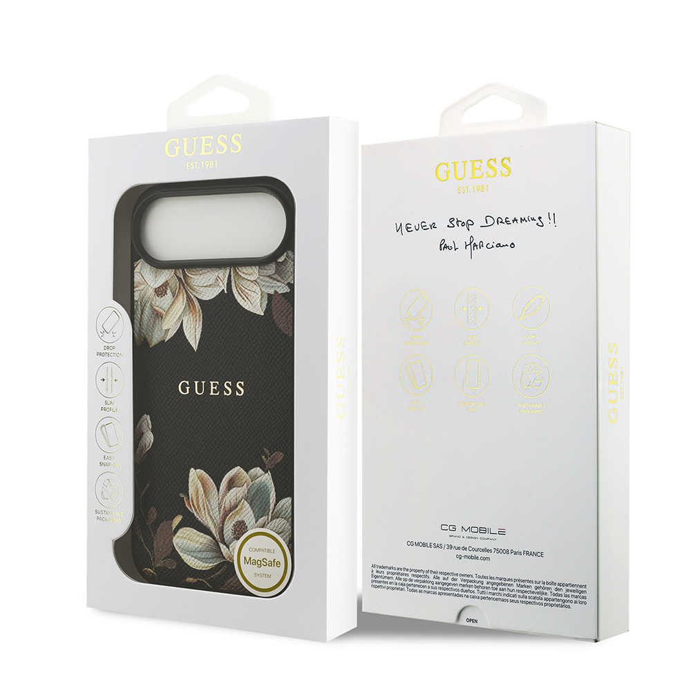 Apple iPhone 17 Air Uyumlu Kılıf Guess Orjinal Lisanslı M-safe Şarj Özellikli Taneli Çiçek Tasarımlı Metal Yazı Logolu Kapak - 14