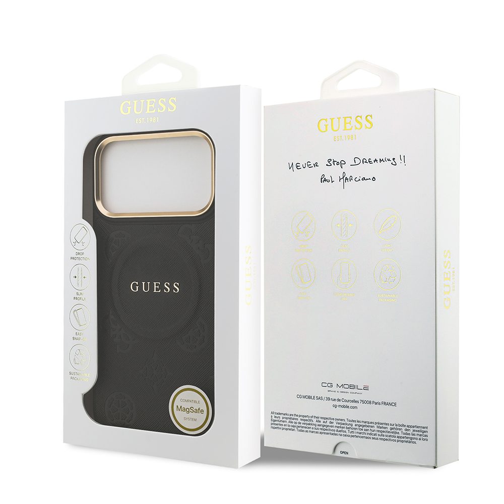 Apple iPhone 17 Pro Max Uyumlu Kılıf Guess Orjinal Lisanslı M-safe Şarj Özellikli Sıcak Baskılı Yazı Logolu PU Deri Peony Kapak - 19