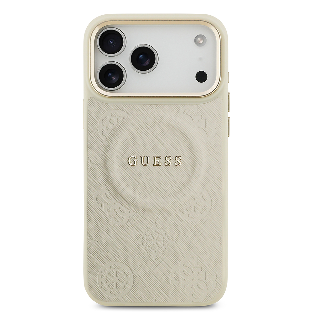 Apple iPhone 17 Pro Max Uyumlu Kılıf Guess Orjinal Lisanslı M-safe Şarj Özellikli Sıcak Baskılı Yazı Logolu PU Deri Peony Kapak - 23