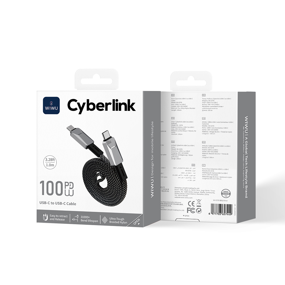 Wiwu Wi-C078 Cyberlink Serisi Type-C to Type-C PD Hızlı Şarj Özellikli Data ve Şarj Kablosu 100W 1M - 5